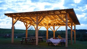 A wooden pavilion with a roof supported by beams and columns, equipped with benches and picnic tables, set in a grassy area with trees in the background. - Cabin #9 -" Flag-up " (Cadillac)