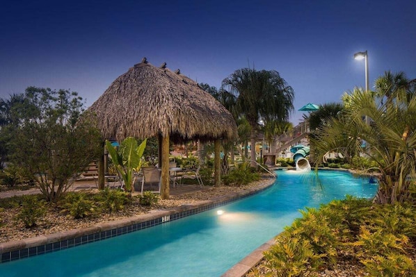 A heated pool, pool loungers