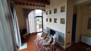Un salon avec une cheminée, un canapé, un téléviseur et une fenêtre avec des rideaux.