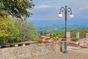 Un muro de piedra con un poste de luz metálico y plantas en macetas.