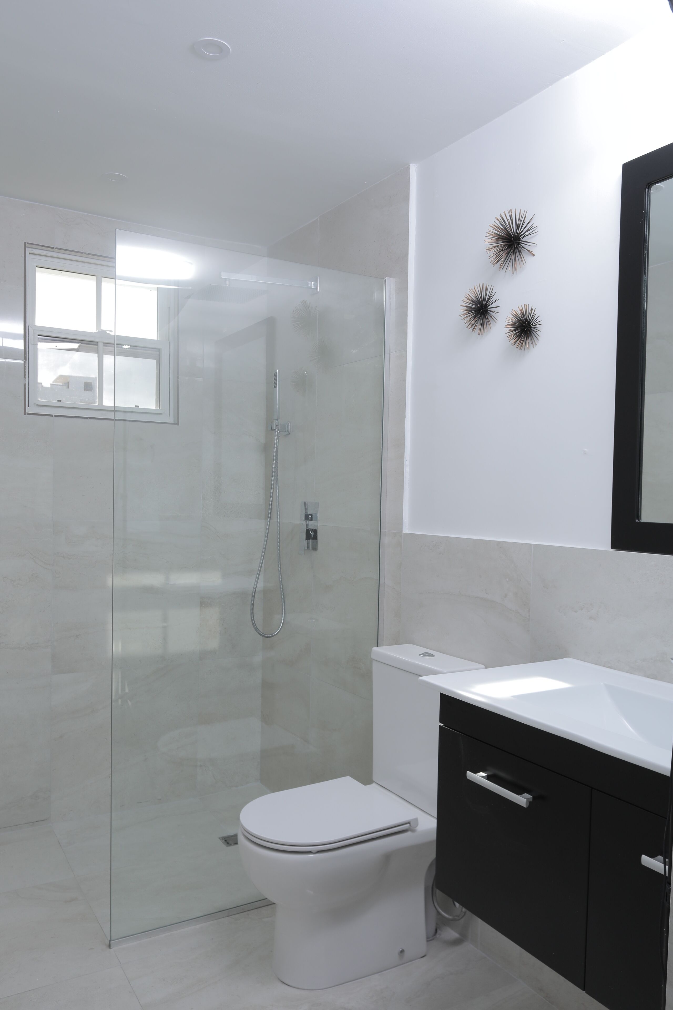A modern bathroom with a glass-enclosed shower, a white toilet, and a black vanity with a mirror.
