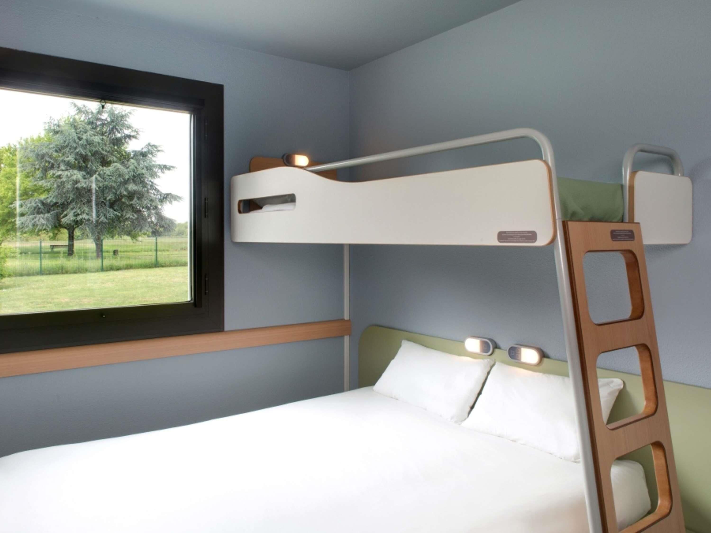 A bunk bed with a ladder, a window with a view of trees, and a bedside table with a lamp.