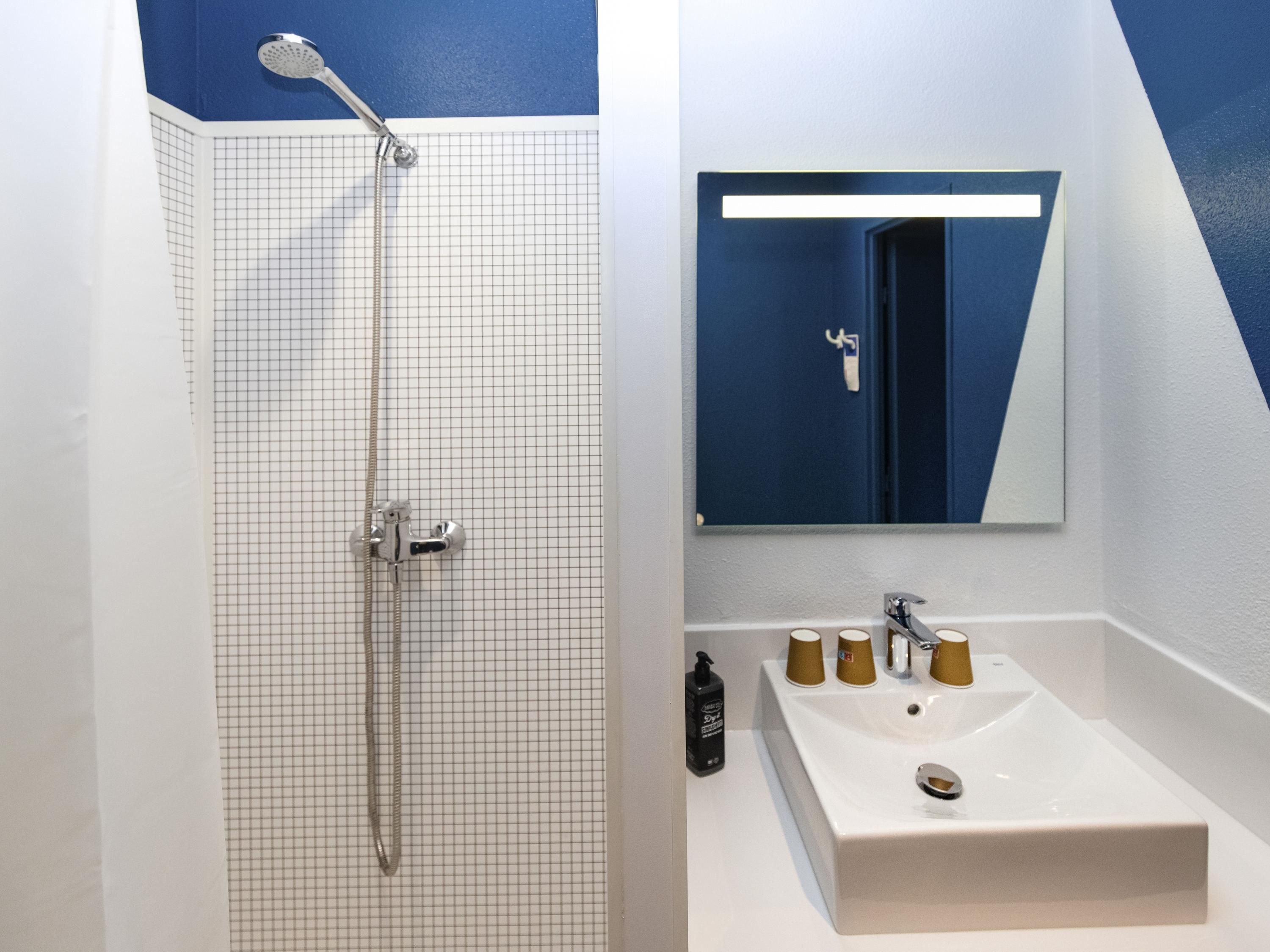 Une salle de bain avec une douche, un lavabo et un miroir.
