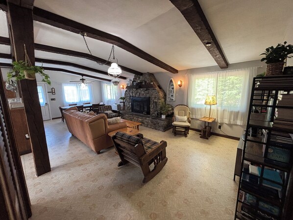 Smart TV, fireplace, DVD player, books