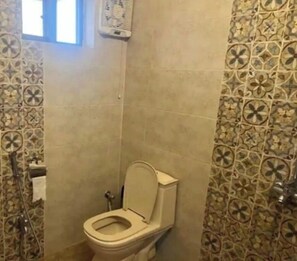 Bathtub, hair dryer, toilet paper