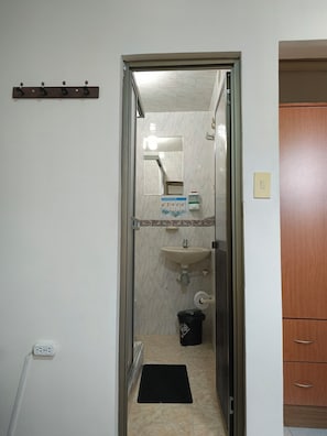 Bidet, towels, soap, toilet paper
