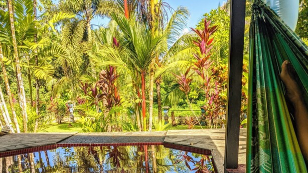 A person relaxing in a hammock by a reflective pool with tropical vegetation in the background. - Beach house with a pool (Pavones)