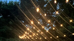 Une terrasse extérieure avec une table en bois et des chaises blanches, entourée d’une clôture en bois et illuminée de guirlandes lumineuses.