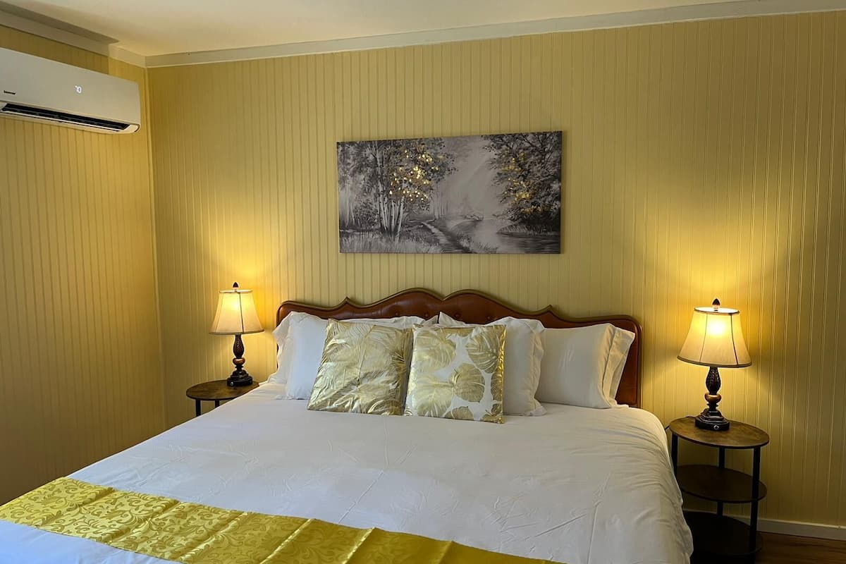 A hotel room with a large bed, two bedside lamps, a wall-mounted air conditioner, and a painting of a forest scene.
