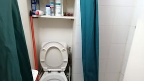 A small bathroom with a toilet, a shelf with toiletries, and a shower curtain. - one of the best place in Paris, it's historical, diplomatic zone. (Paris)