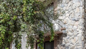 Un espace extérieur aménagé avec des meubles en osier, un mur en pierre et un arbre aux feuilles vertes.