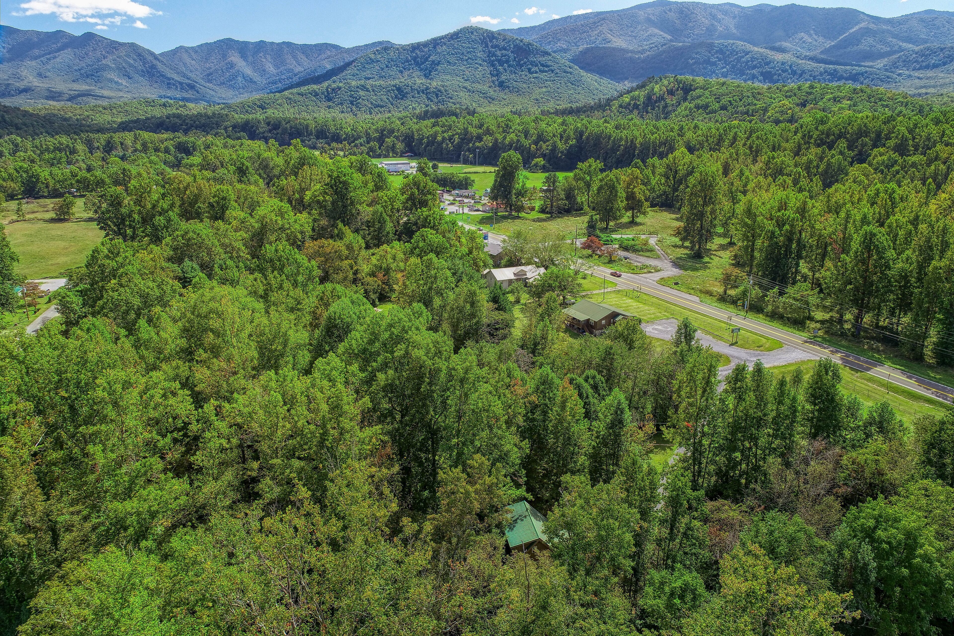 A mountainous landscape with dense forest, a small building with a green roof, and a road.