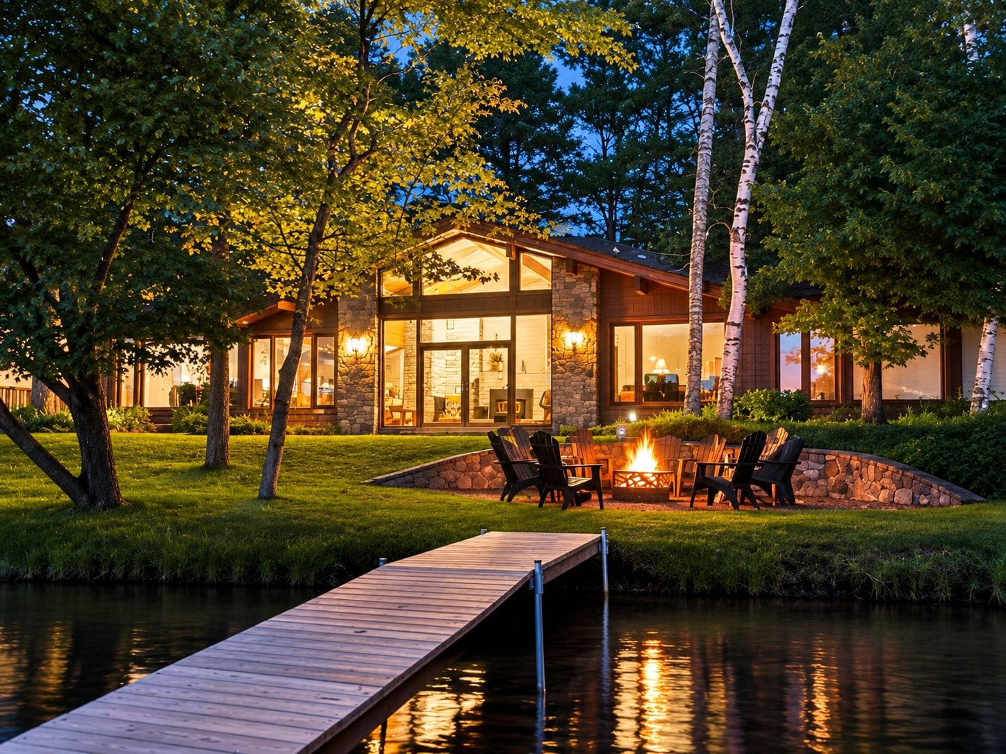 A lakeside property with a dock, outdoor seating, and a stone fire pit.