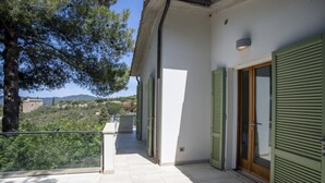 Un balcon donnant sur un paysage montagneux, une porte avec des volets verts et un sol carrelé.