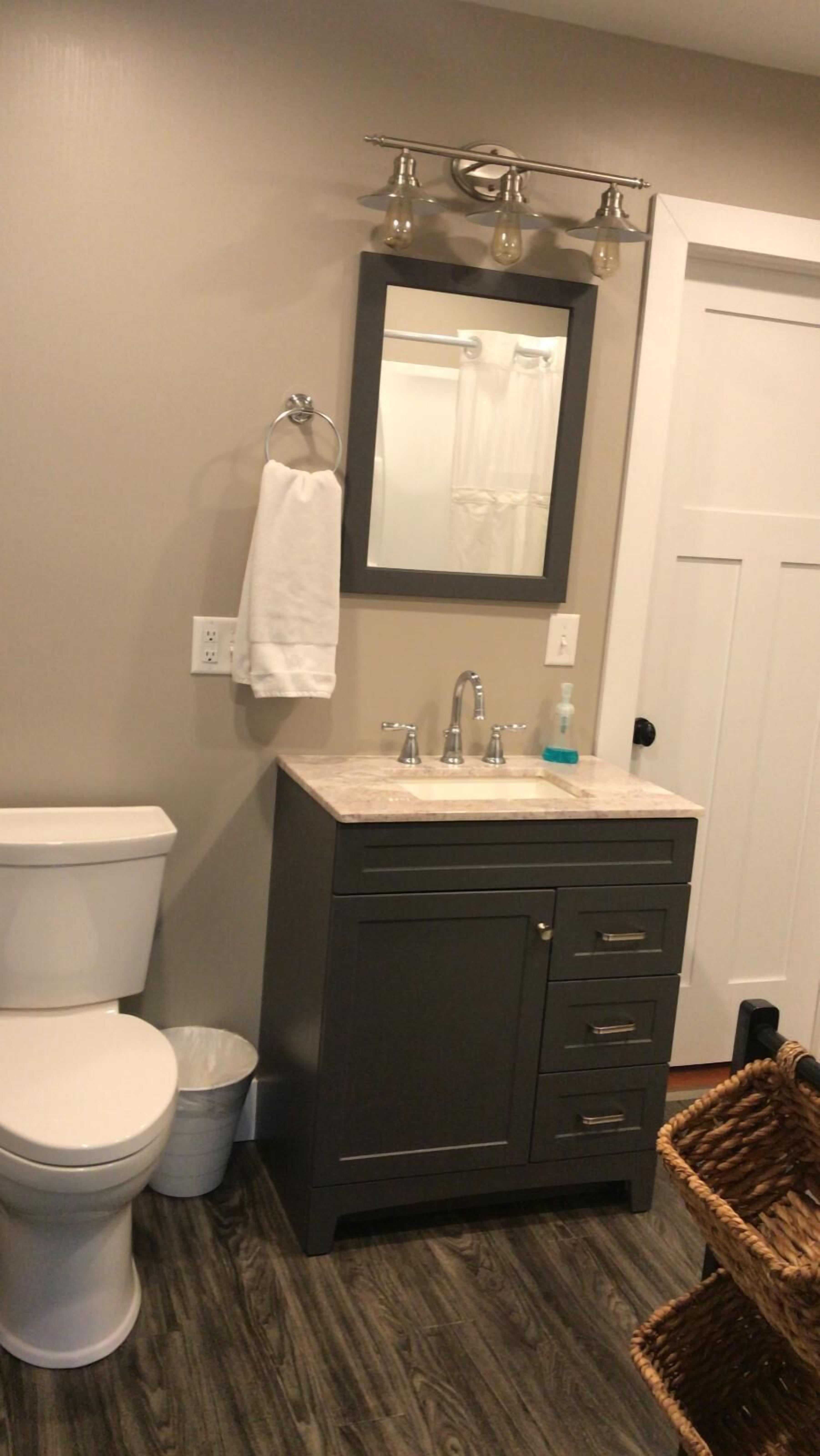 A bathroom with a white toilet, a dark gray vanity with a mirror, and a white door in the background.