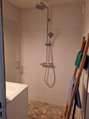 Shower, hair dryer, towels, toilet paper