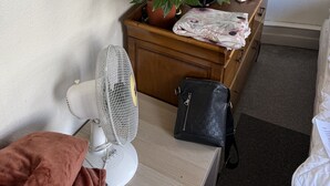 Ein kleines Zimmer mit einem Holztisch, einer Topfpflanze, einer Lampe, einem Ventilator und einem Bett.