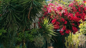Un espace extérieur aménagé en terrasse, avec des tables et des chaises en bois, entouré d’une végétation luxuriante et de plantes en fleurs.