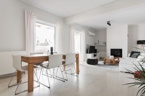 Smart TV, fireplace, books