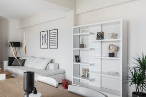 Smart TV, fireplace, books