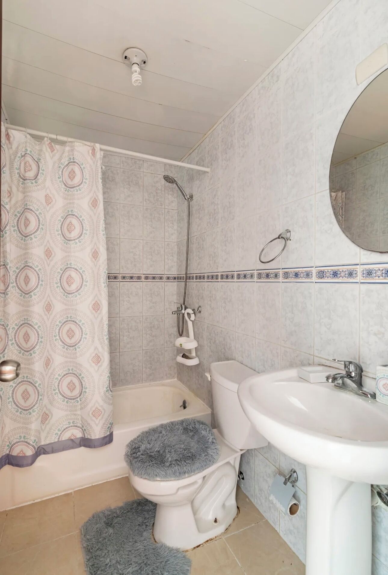 Une salle de bain avec douche, toilettes et lavabo.