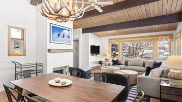 Televisión, chimenea y estéreo