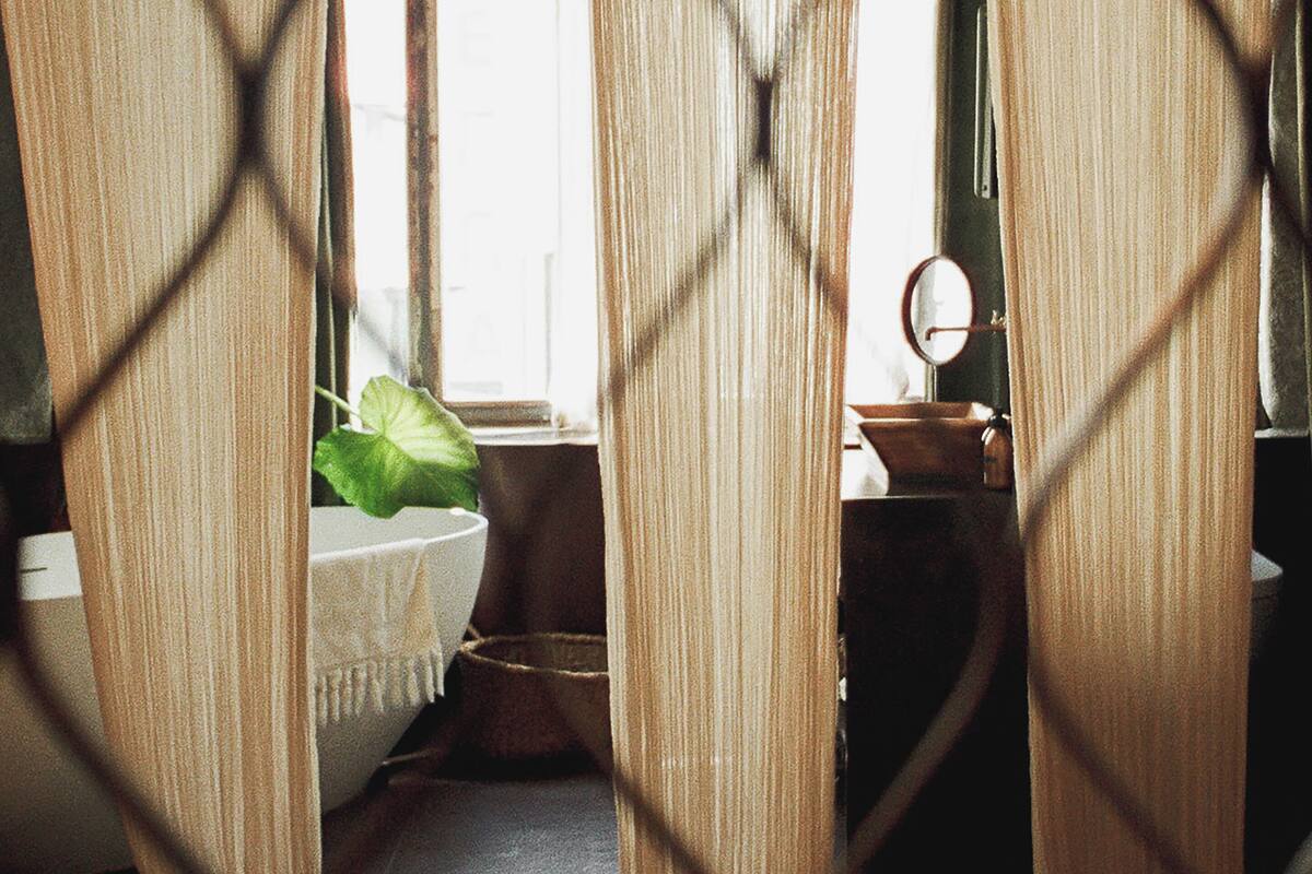Ein Badezimmer mit einem weißen Waschbecken, einem Spiegel und einer grünen Pflanze.