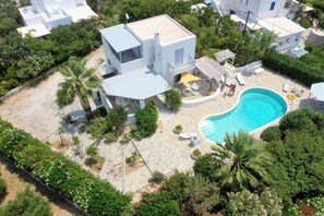 A modern villa with a swimming pool, surrounded by lush greenery and a well-maintained garden.