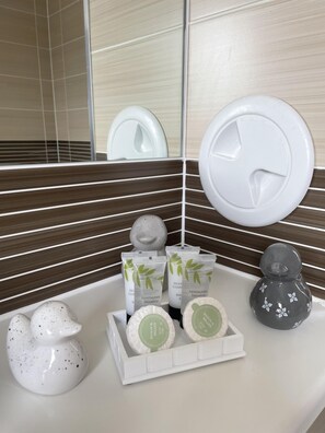 A bathroom with a mirror, a soap dish, and a tray with toiletries including shampoo and soap.
