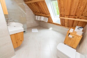 Douche, sèche-cheveux, serviettes fournies, savon