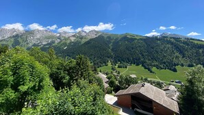 A mountain landscape with a clear sky, dense forest, and a small building with a sloped roof. - Charming 3-room with mezzanine for 6 pers, south balcony and parking in La Clusaz (La Clusaz)