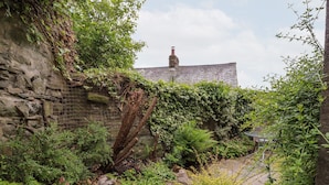 A narrow stone pathway leading to a traditional stone wall with ivy and ferns, a rustic chimney, and a small garden area with various plants. - Top House (Settle)