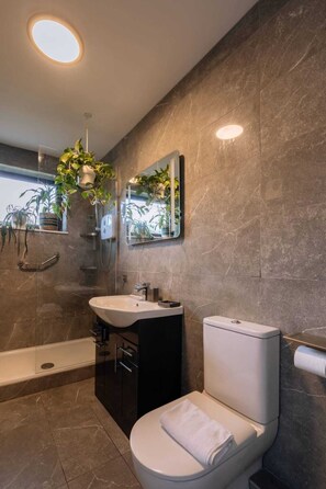 A modern bathroom with a bathtub, toilet, and sink. There are plants on the wall and a mirror above the sink. - Charming 2 Bedroom Home in Rathmines Dublin (Dublin)