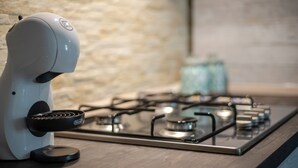 Une cuisinière à gaz au design moderne, un four encastré et un pare-feu en pierre.