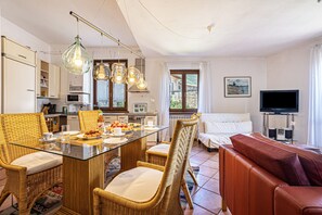 Une cuisine moderne avec un coin repas, des meubles en osier, un canapé et un téléviseur.
