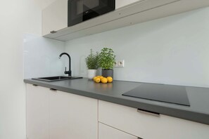 Fridge, microwave, stovetop, cookware/dishes/utensils