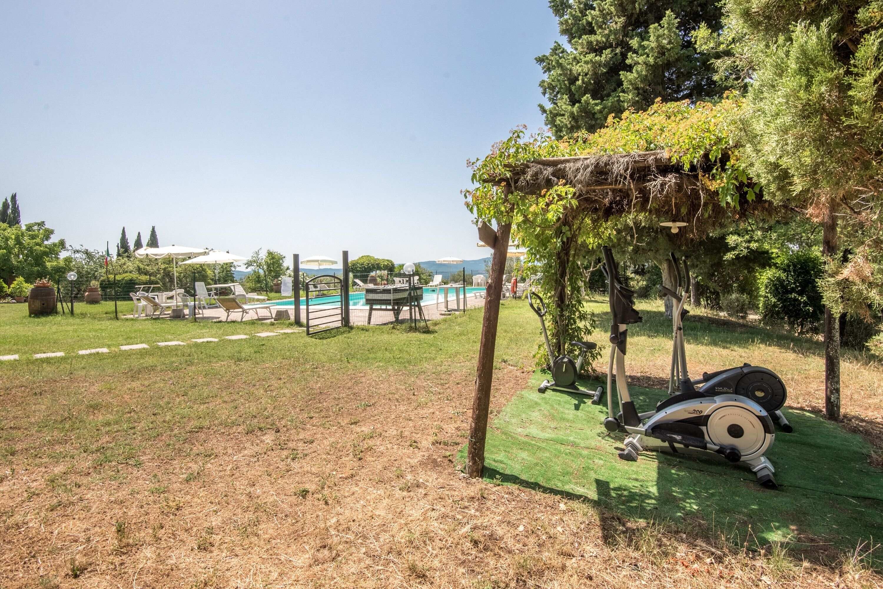A grassy outdoor area with a pool, lounge chairs, and an exercise machine.