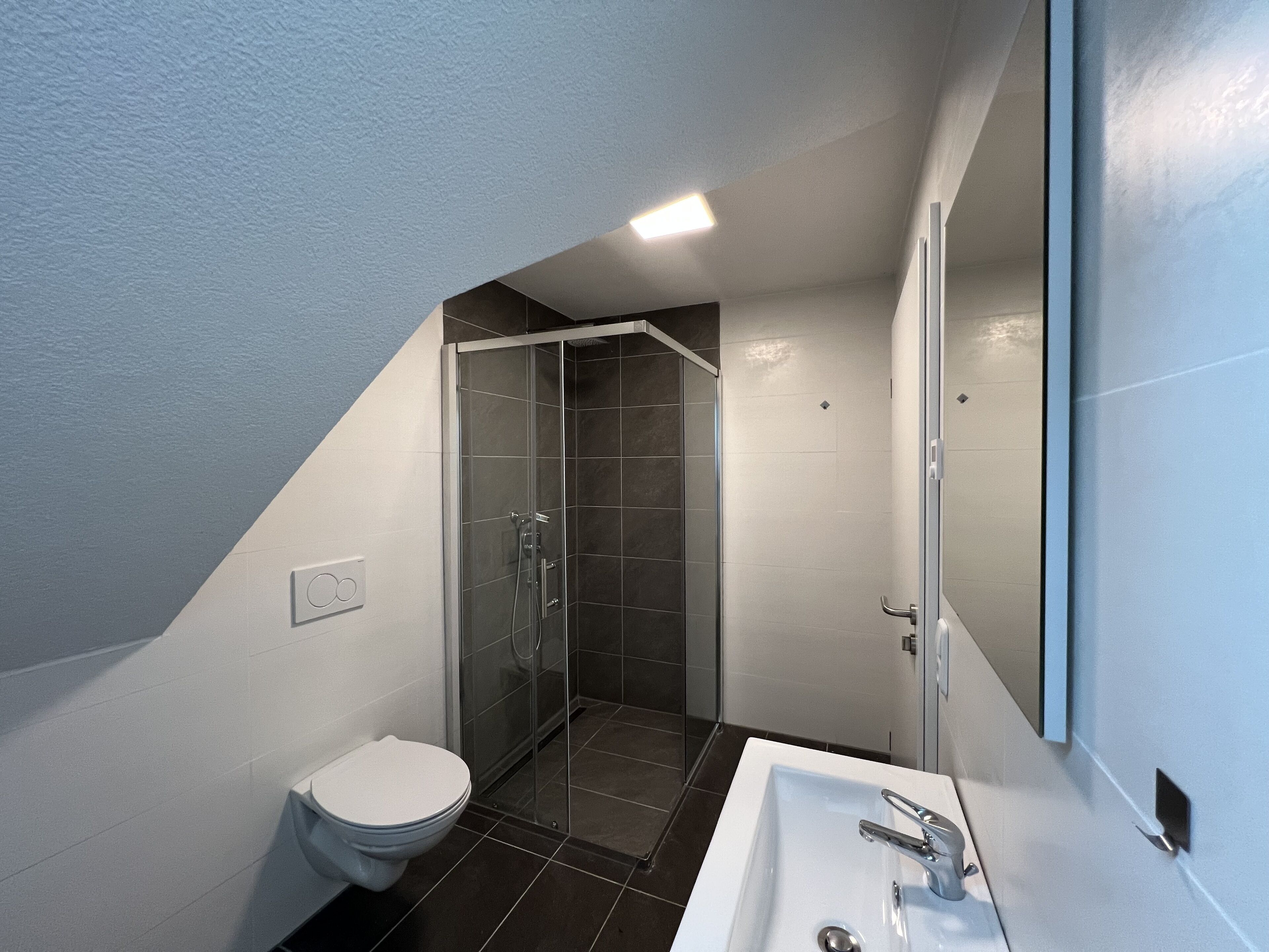 Un baño moderno con cabina de ducha de vidrio, inodoro blanco y un lavabo grande con espejo.