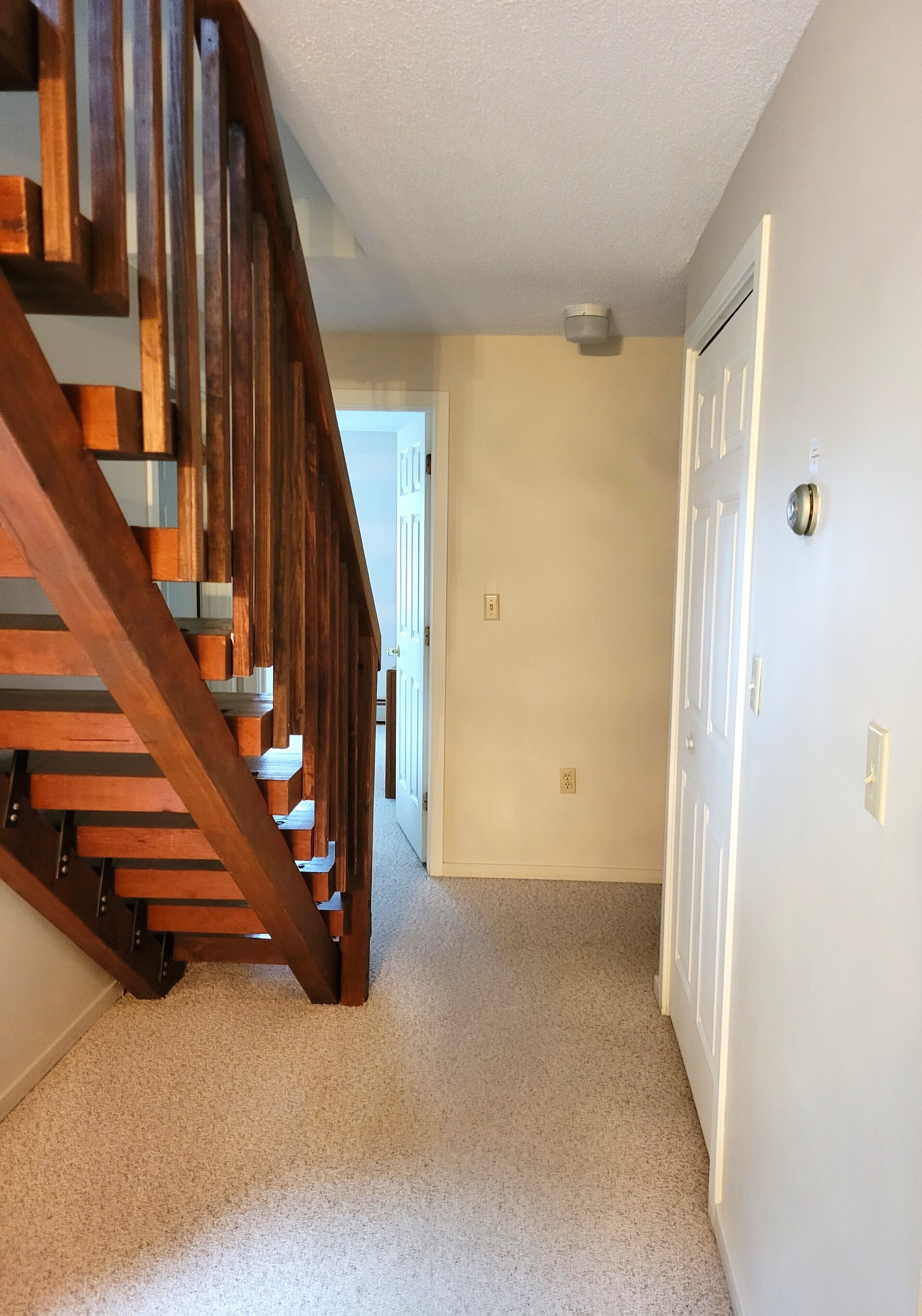 Un pasillo con una escalera de madera, una puerta blanca y un interruptor de luz en la pared.