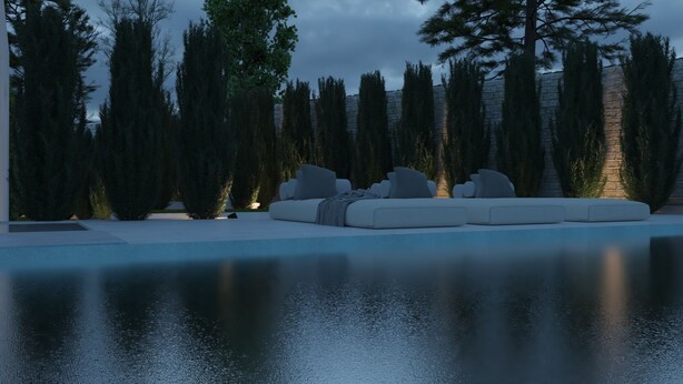 A modern outdoor seating area with a pool, surrounded by tall trees and a stone wall. - Panorama Hills Villa (Pylaia-Chortiatis)