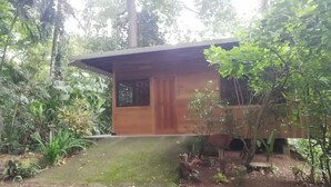 Una cabaña de madera con porche cubierto, rodeada de abundante follaje y árboles.