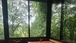 Una habitación con una mesa y sillas de madera, ventanas amplias con vistas a árboles.