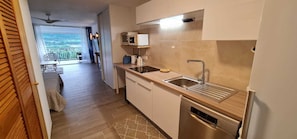 Una cocina compacta con lavavajillas integrado, microondas y pileta.