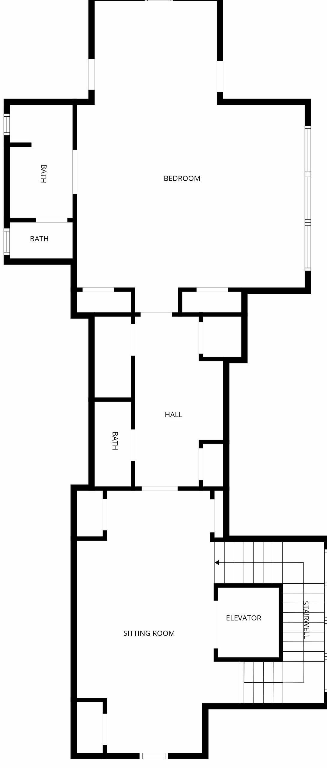 A floor plan with a sitting room, bedroom, hall, and bathroom.