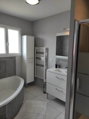 Combined shower/bathtub, hair dryer, towels, toilet paper