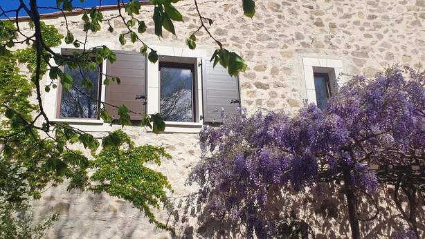 Un bâtiment en pierre doté de trois fenêtres, entouré de verdure et d’arbres aux fleurs violettes.
