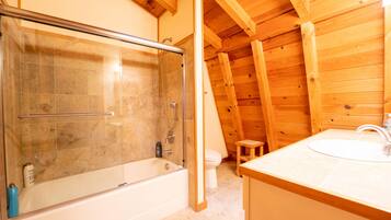 Combined shower/tub, hair dryer, towels, soap