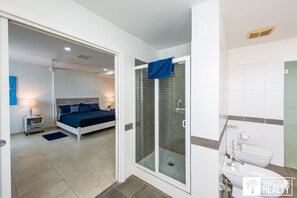 Combined shower/bathtub, hair dryer, towels, soap