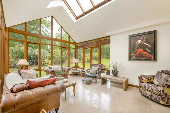 Smart TV, fireplace, books, printers