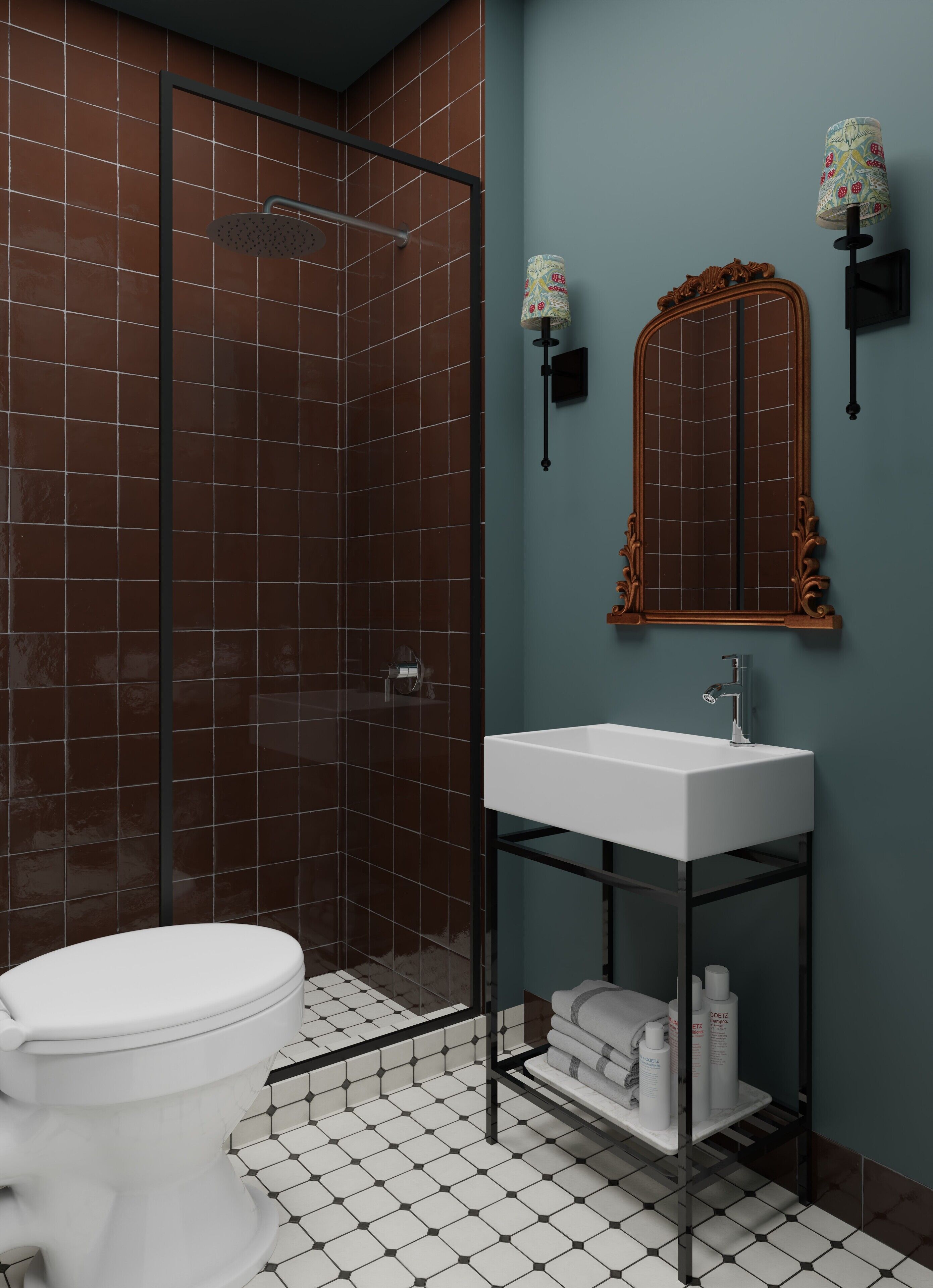 Un baño con ducha, inodoro, lavabo y espejo con apliques de pared.